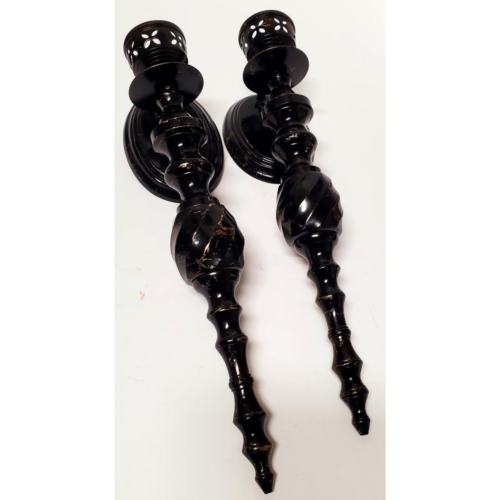 VTG Sconces Gothic Wall Pair Black & Gold India Pierced Votives Oval Back Plates - Picture 2 of 7
